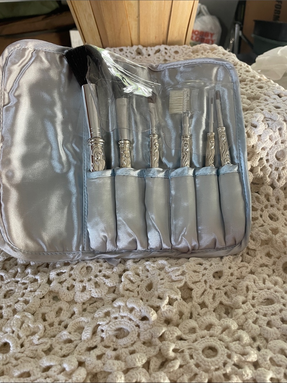 Silver Satin Travel Brush Set Pouch